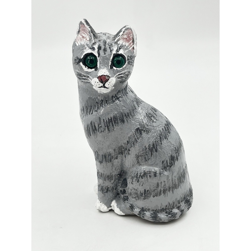Vintage Ceramic Cat Figurine Hand Painted White Gray Folk Art Kitty Green Eyes